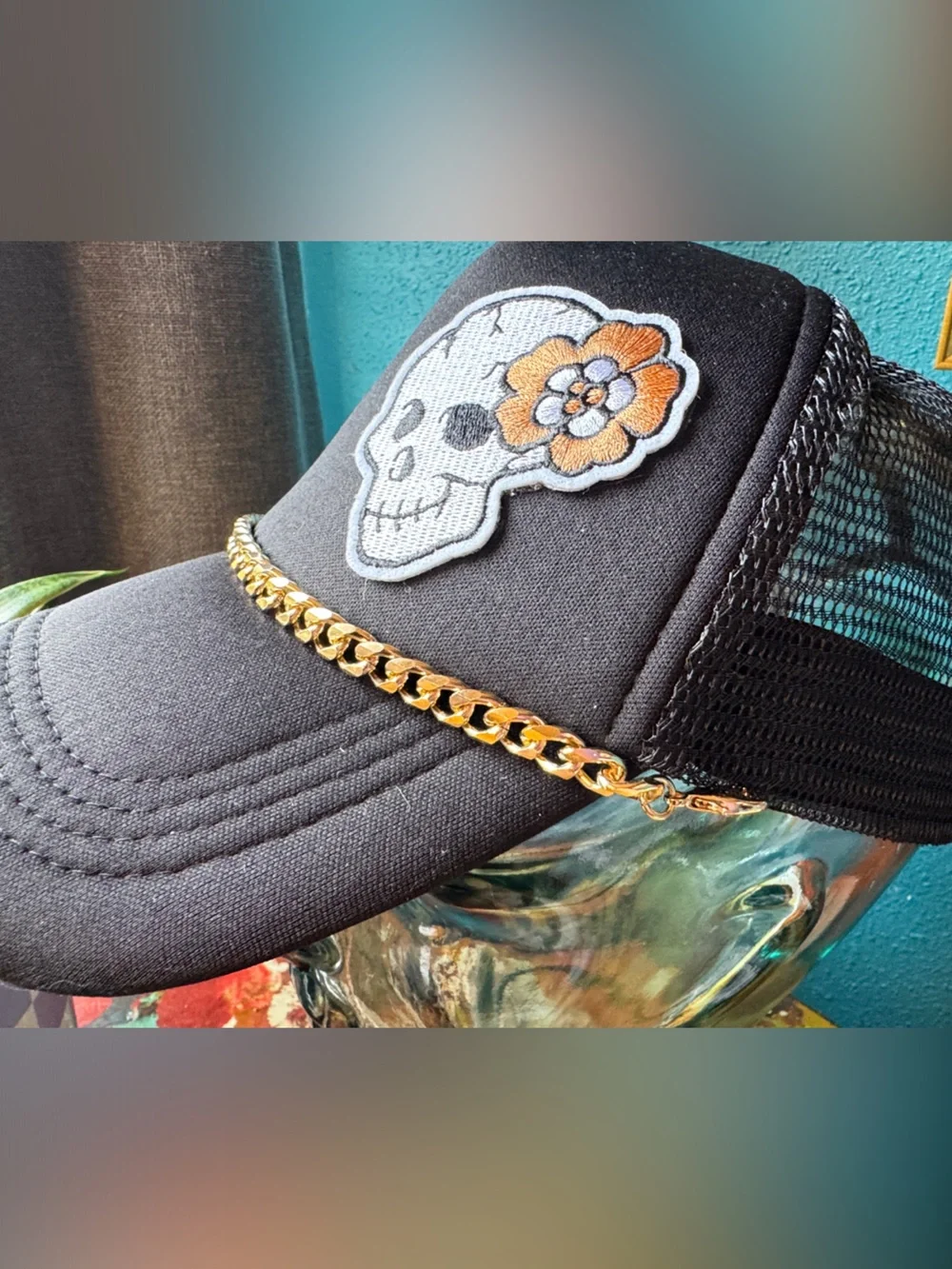 Black Trucker Cap with Skull Patch & Gold Chain